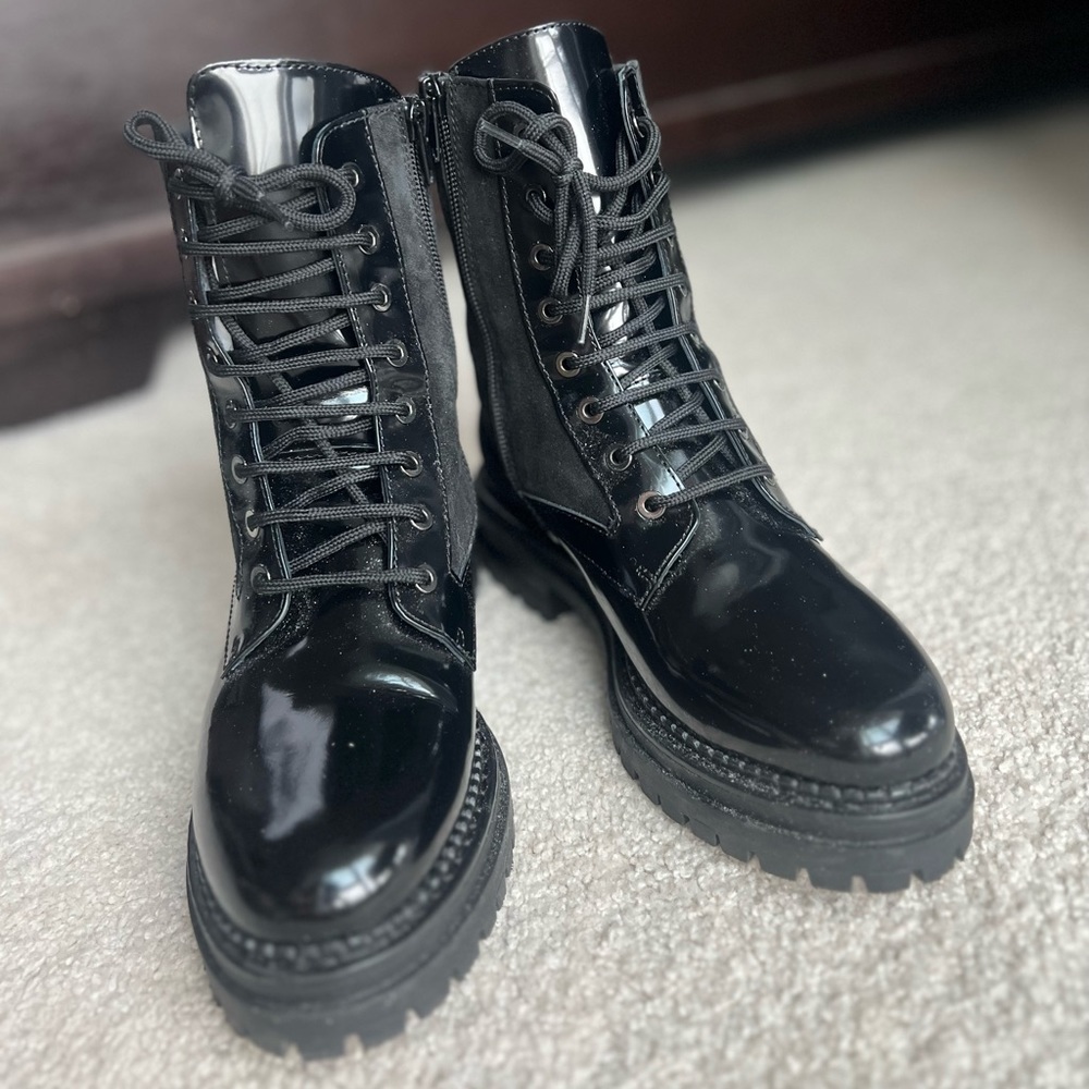 Black leather chunky lace up boots